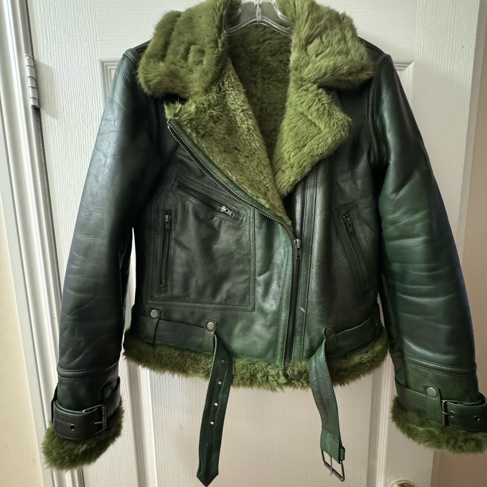 Green Leather Moto Jacket with Plush Collar